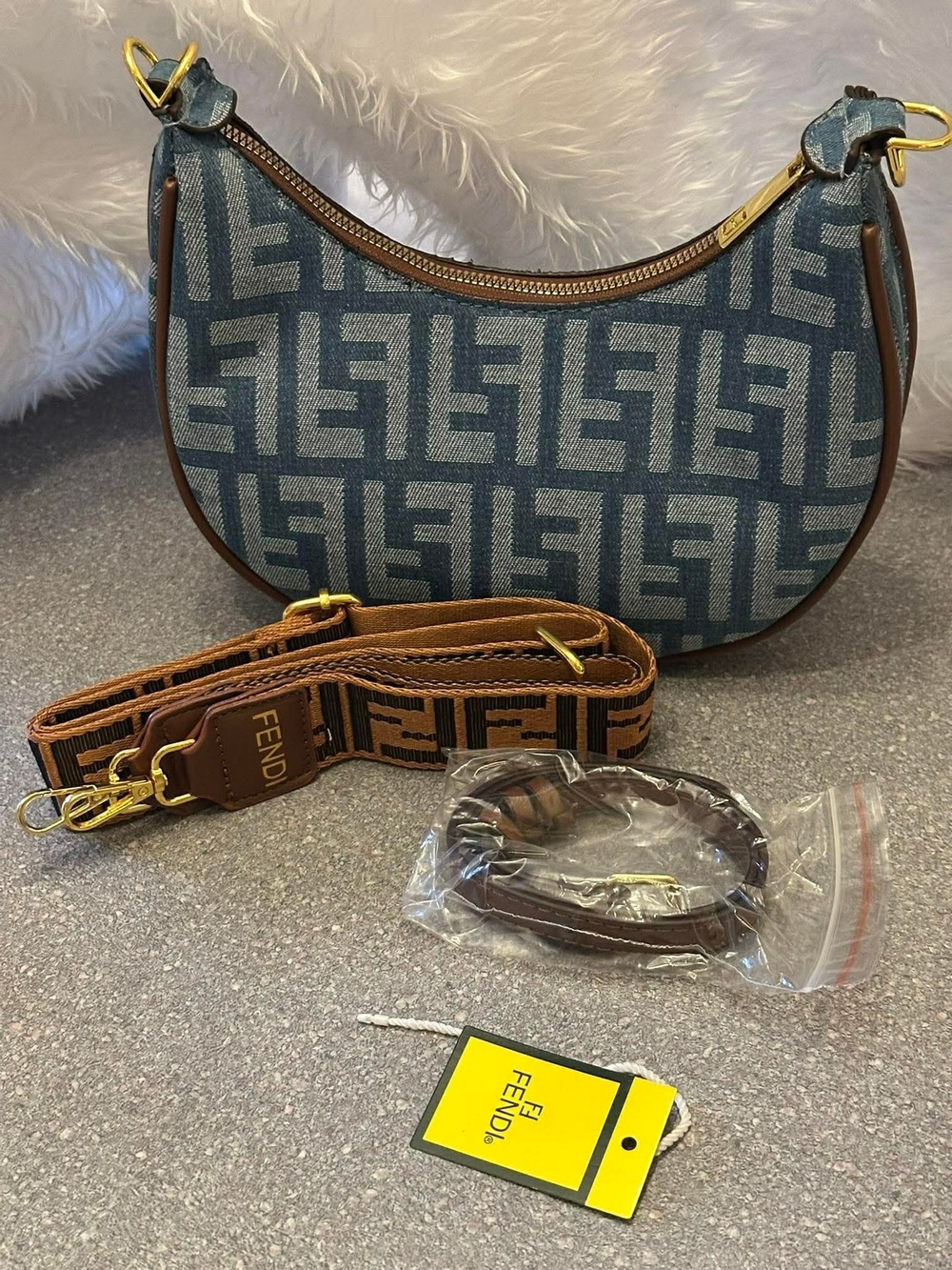 Blue FF Logo Crescent Shoulder Bag